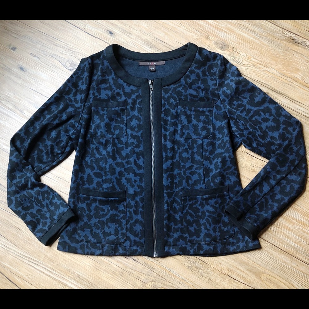 fever Blue & Black Leopard Printed Zipper Blazer Jacket with Pockets Size Large